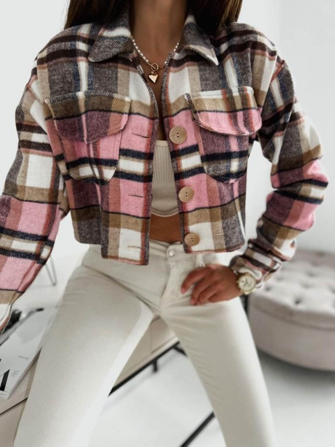 Pocketed Collared Neck Long Sleeve Plaid Jacket - Amexza