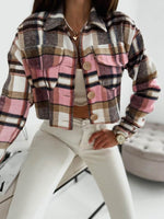Pocketed Collared Neck Long Sleeve Plaid Jacket - Amexza