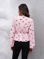 Butterfly V-Neck Balloon Sleeve Peplum Blouse - Amexza