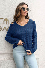 Cold Shoulder V-Neck Cable-Knit Pullover Sweater Dark Blue for a perfect OOTD – dress to impress outfits from Amexza
