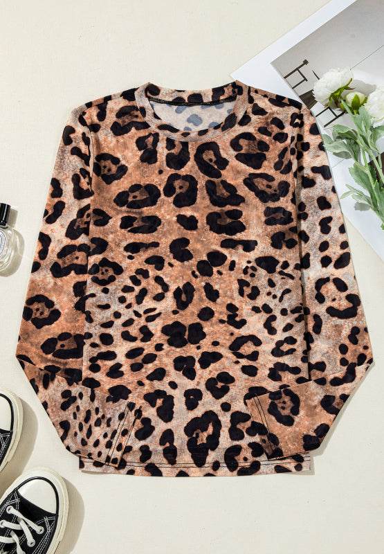 Leopard Round Neck Long Sleeve Blouse - Amexza