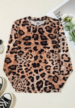 Leopard Round Neck Long Sleeve Blouse - Amexza