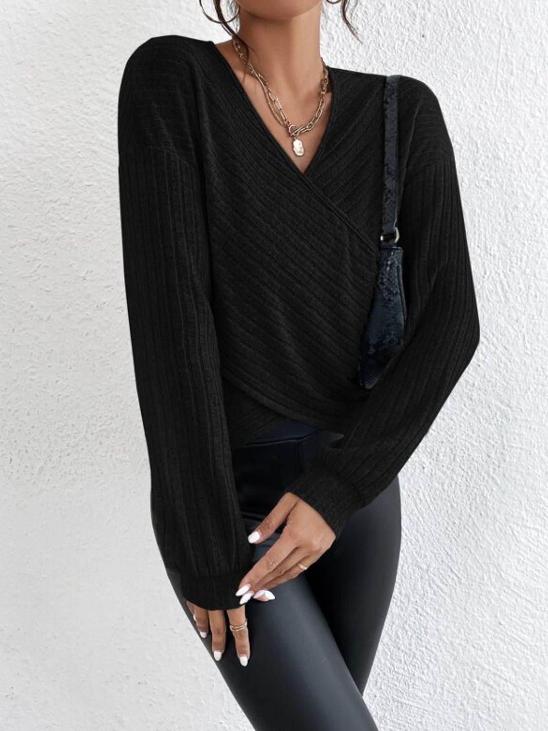 Surplice Dropped Shoulder Long Sleeve T-Shirt - Amexza