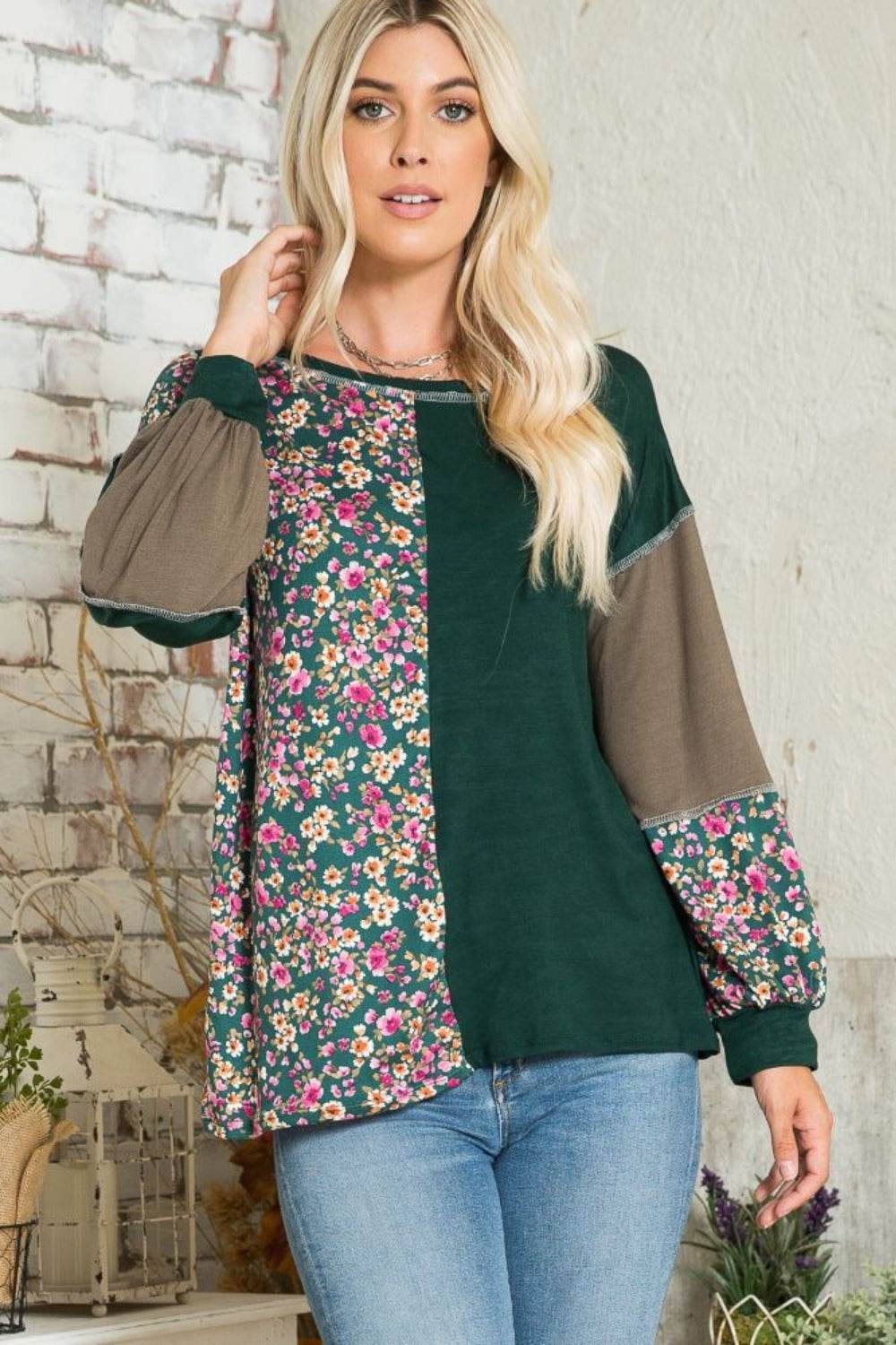 Celeste Full Size Floral Color Block Exposed Seam T-Shirt Hunter Green for a perfect OOTD – dress to impress outfits from Amexza