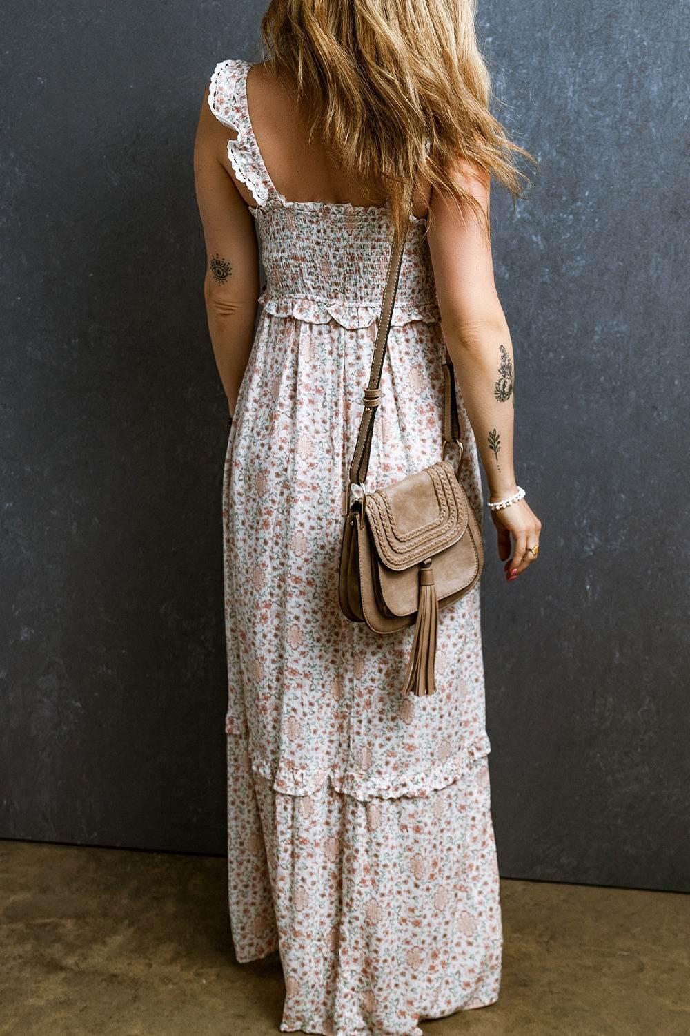 Ruffled Smocked Printed Sleeveless Maxi Dress - Amexza