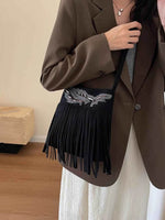 Fringe Solid Color Shoulder Bag Black One Size for a perfect OOTD – dress to impress outfits from Amexza