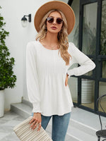 Smocked Round Neck Lantern Sleeve Blouse - Amexza
