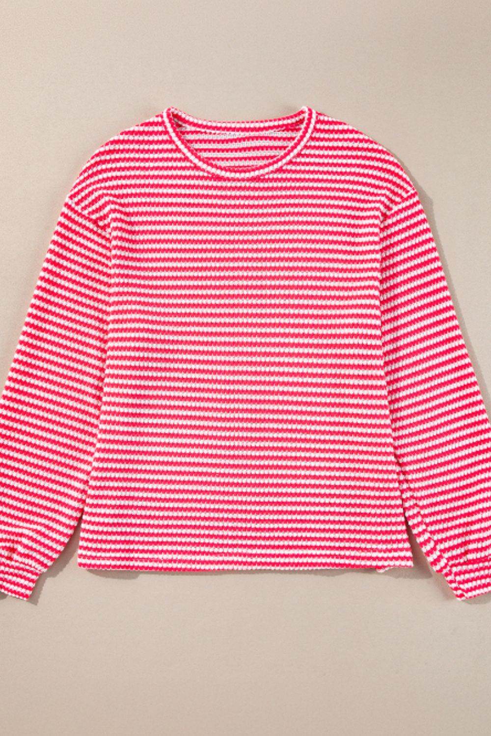 Striped Round Neck Long Sleeve Top - Amexza
