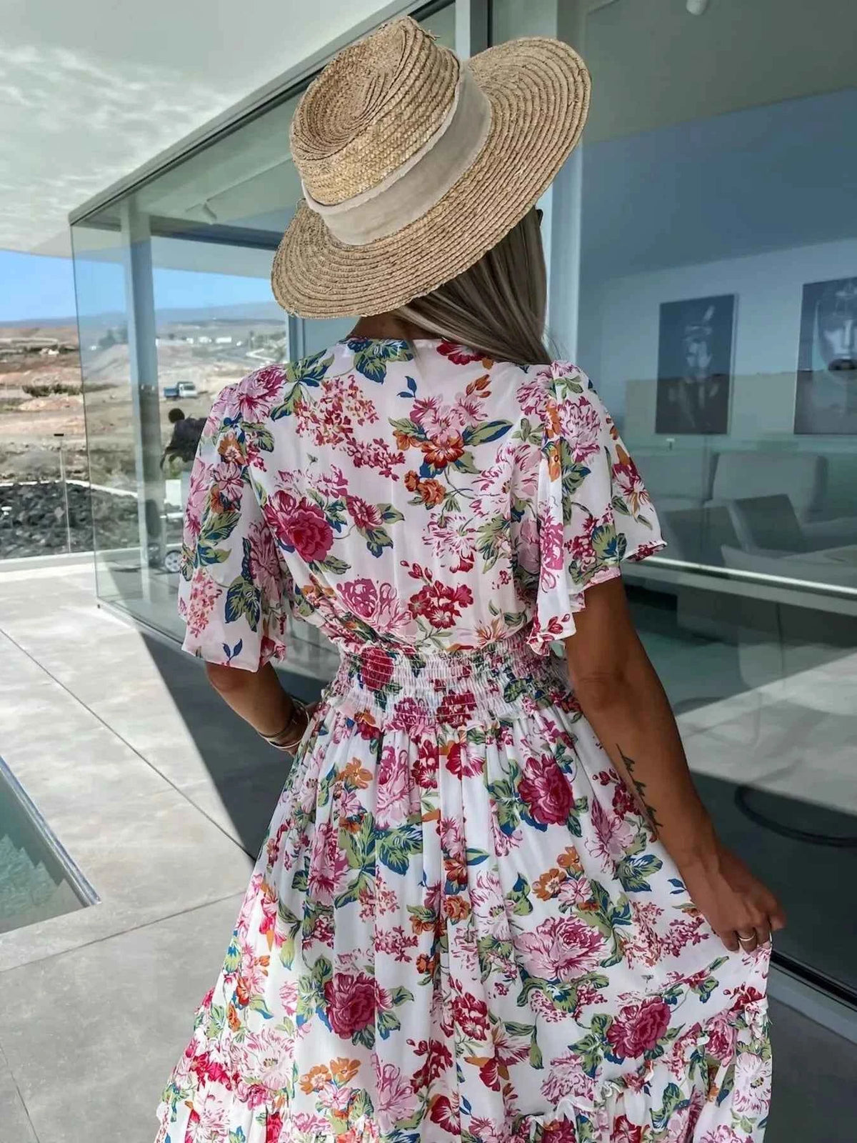 Floral Print Flutter Sleeve Maxi Dress