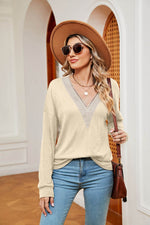 Contrast V-Neck Long Sleeve Blouse - Amexza
