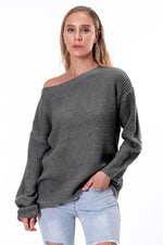Boat Neck Drop Shoulder Long Sleeve Sweater Charcoal for a perfect OOTD – dress to impress outfits from Amexza