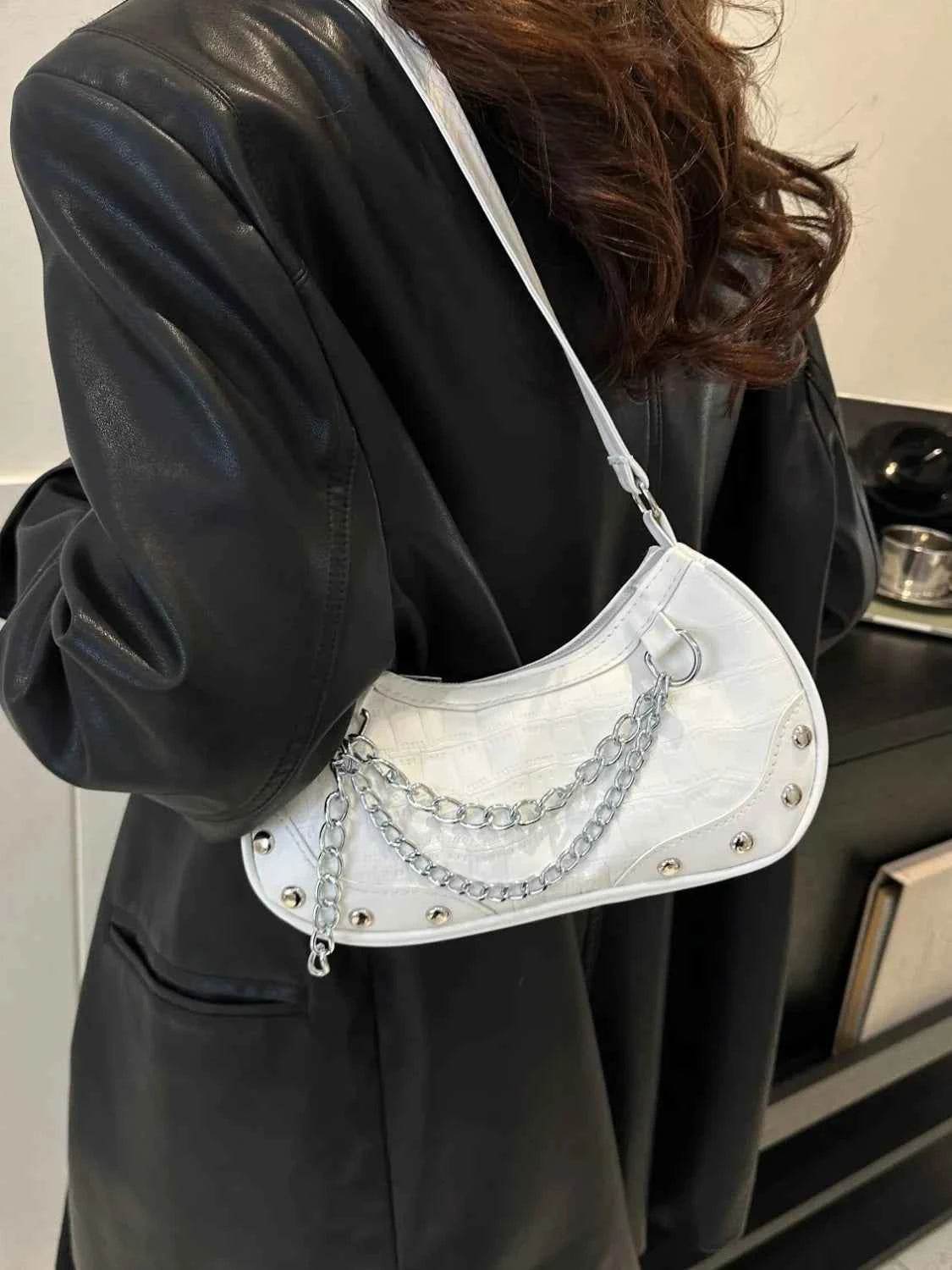 Chain PU Leather Shoulder Bag White One Size for a perfect OOTD – dress to impress outfits from Amexza