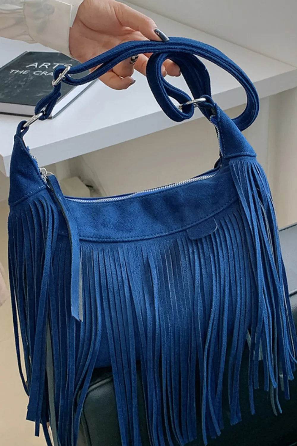Suede Fringe Adjustable Strap Shoulder Bag Navy One Size for a perfect OOTD – dress to impress outfits from Amexza