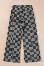 Checkered Wide Leg Jeans with Pockets - Amexza