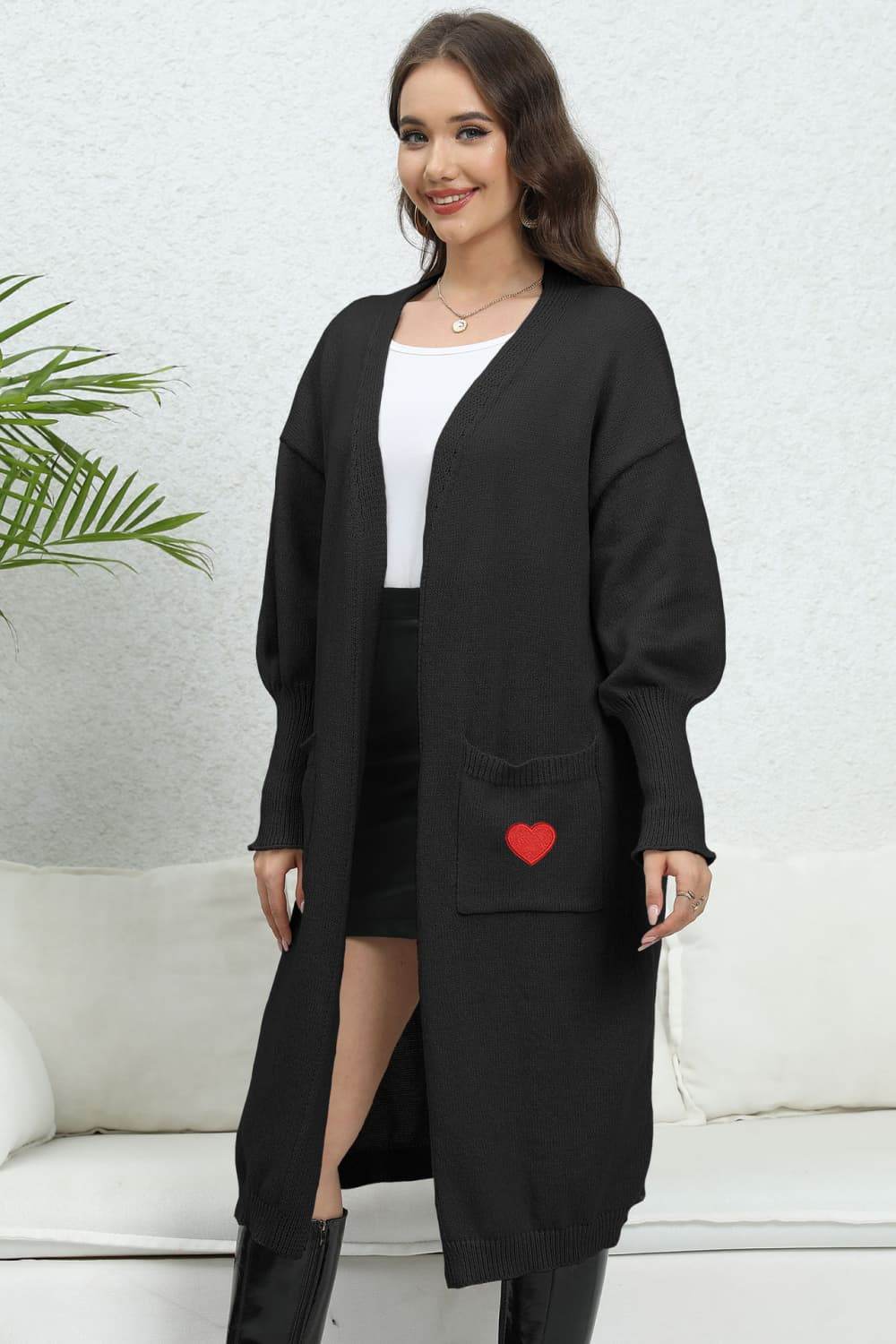Lantern Sleeve Open Front Pocketed Cardigan for a perfect OOTD – dress to impress outfits from Amexza