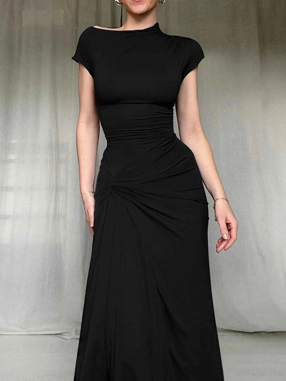 Ruched Slit Cap Sleeve Maxi Dress