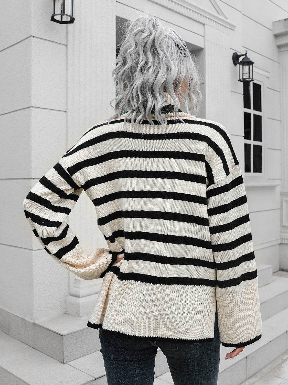 Striped Slit Turtleneck Drop Shoulder Sweater for a perfect OOTD – dress to impress outfits from Amexza