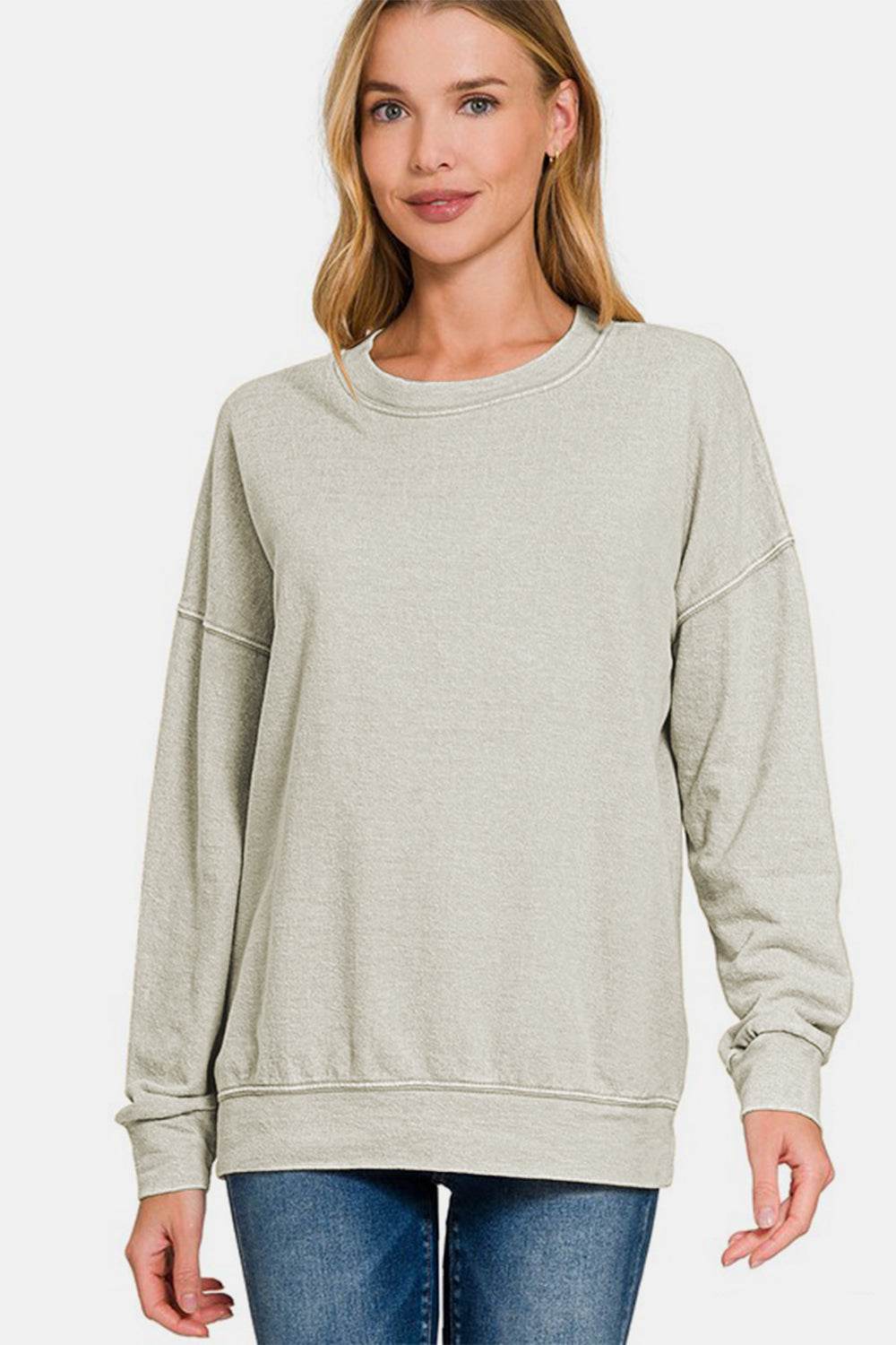 Zenana Washed Round Neck Dropped Shoulder Sweatshirt Lt Grey for a perfect OOTD – dress to impress outfits from Amexza