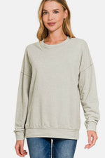 Zenana Washed Round Neck Dropped Shoulder Sweatshirt Lt Grey for a perfect OOTD – dress to impress outfits from Amexza