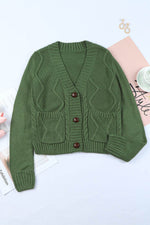 Cable-Knit Button Down V-Neck Cardigan - Amexza