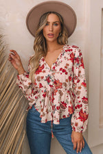 Floral V-Neck Drawstring Peplum Blouse - Amexza
