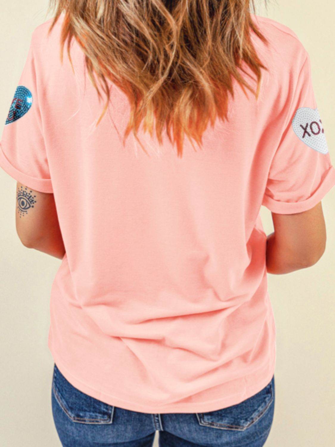 Valentine’s Day Sequin Heart Round Neck Short Sleeve T-Shirt - Amexza