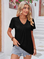 Double Take Ruched V-Neck Short Sleeve T-Shirt - Amexza