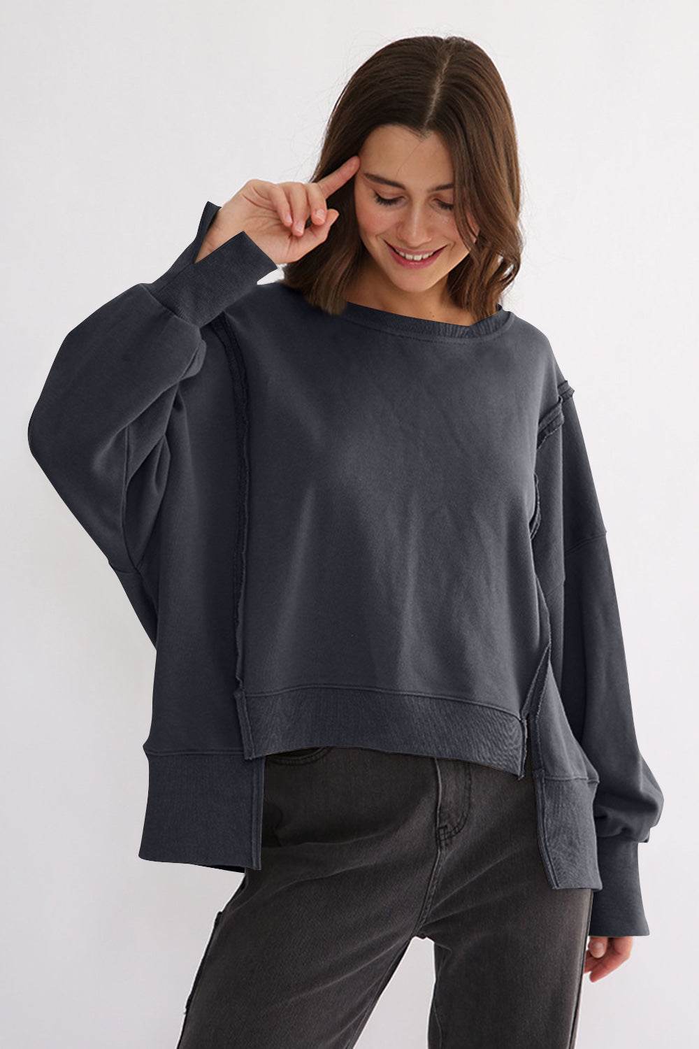 Exposed Seam High-Low Long Sleeve Sweatshirt Dark Gray One Size for a perfect OOTD – dress to impress outfits from Amexza