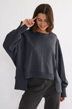 Exposed Seam High-Low Long Sleeve Sweatshirt Dark Gray One Size for a perfect OOTD – dress to impress outfits from Amexza