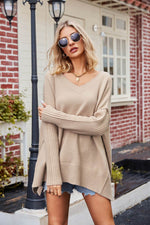V-Neck Slit Exposed Seam Sweater for a perfect OOTD – dress to impress outfits from Amexza