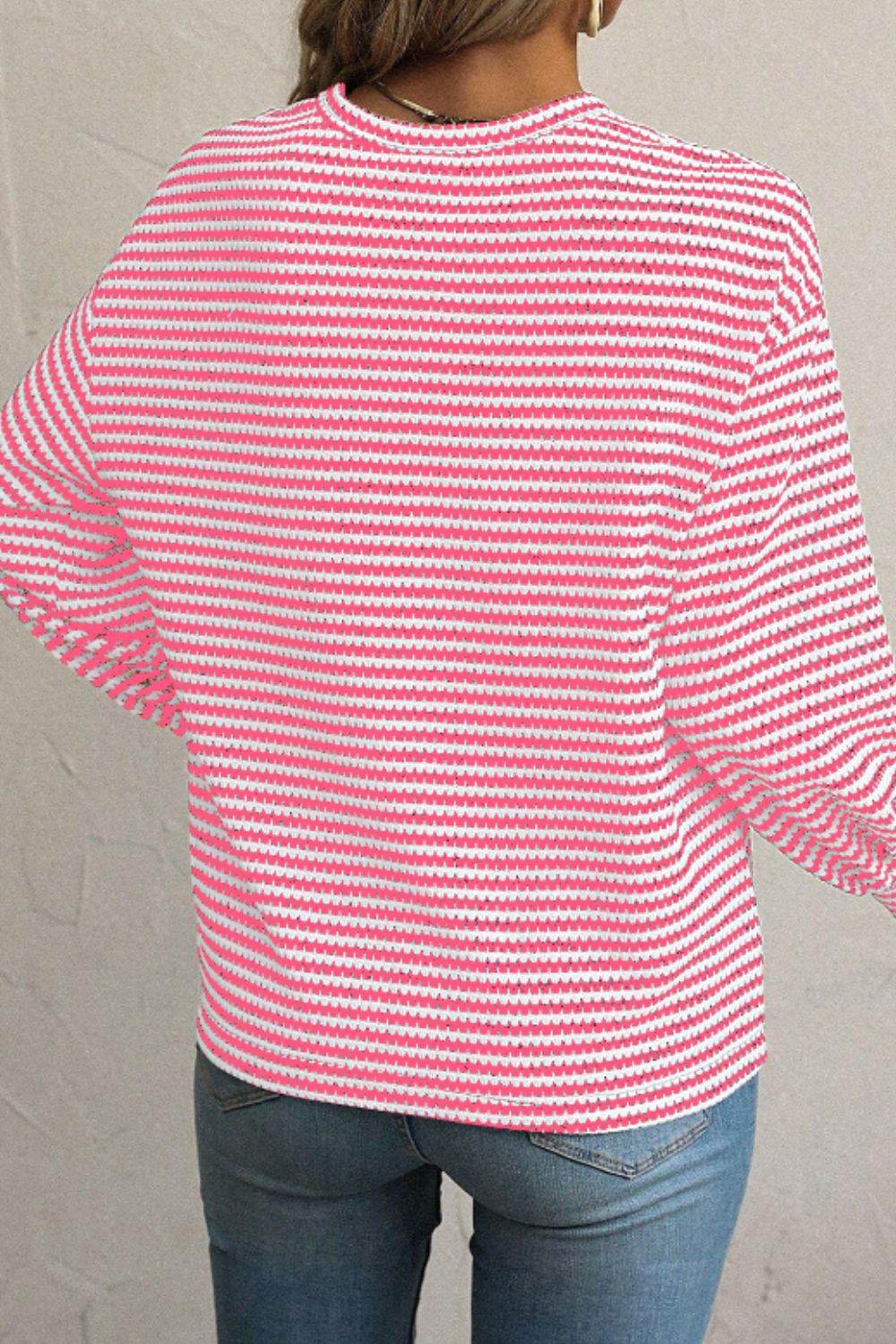 Striped Round Neck Long Sleeve Top - Amexza