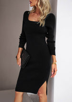 Devine Rib-Knit Slit Sweater Dress Black for a perfect OOTD – dress to impress outfits from Amexza