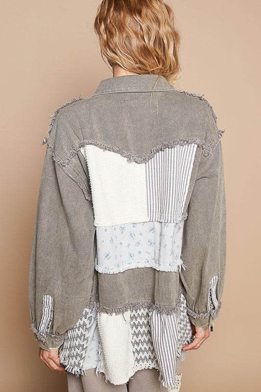 POL Raw Hem Patchwork Dropped Shoulder Jacket - Amexza