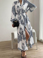 Printed Notched Lantern Sleeve Midi Dress for a perfect OOTD – dress to impress outfits from Amexza