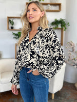 Double Take Full Size Printed Ruffle Trim Balloon Sleeve Shirt - Amexza