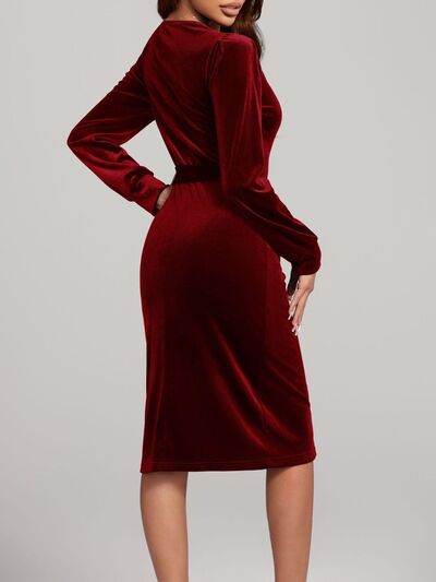 Round Neck Tie Waist Long Sleeve Velvet Dress for a perfect OOTD – dress to impress outfits from Amexza
