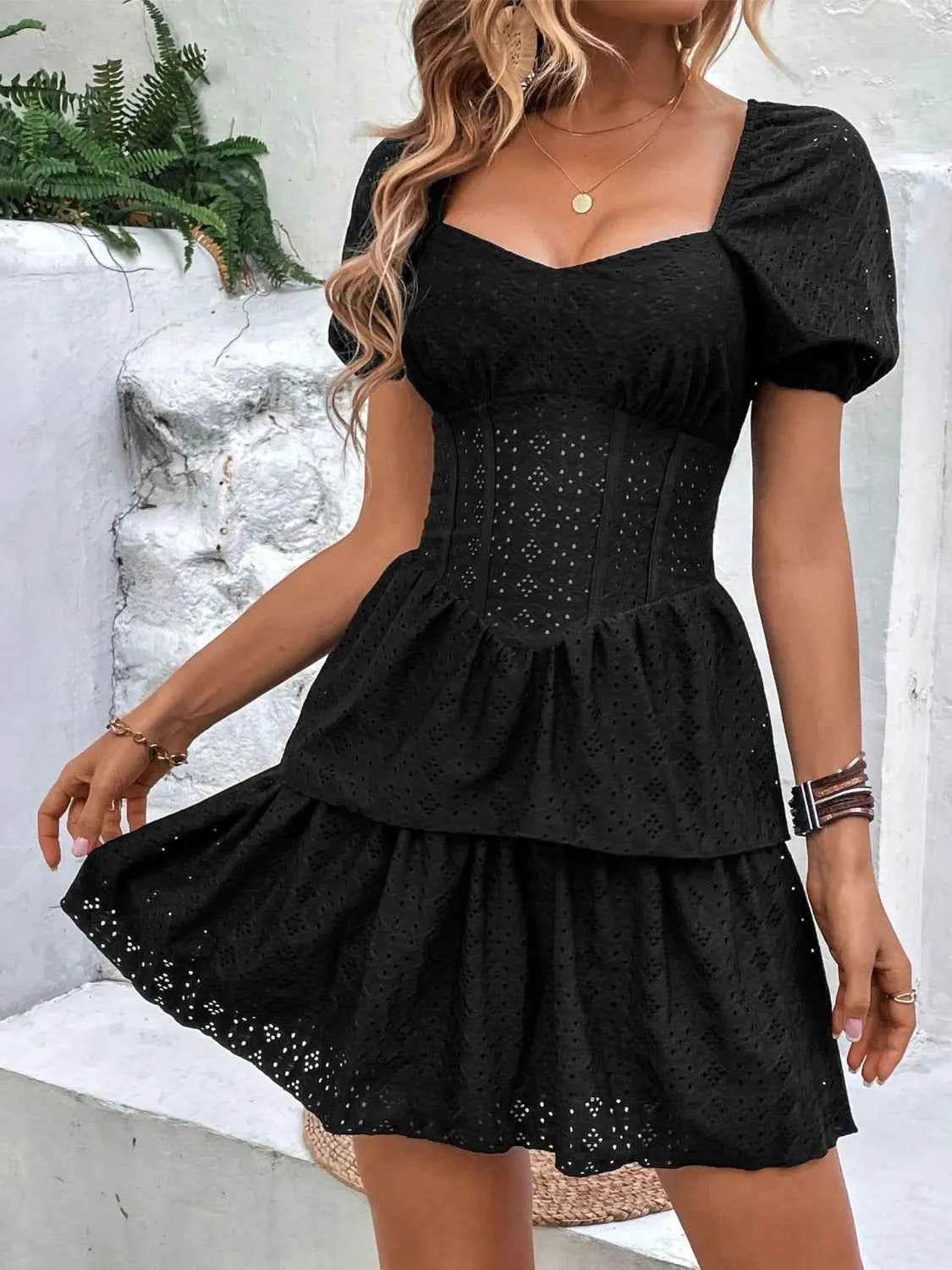 Layered Eyelet Short Sleeve Mini Dress for a perfect OOTD – dress to impress outfits from Amexza
