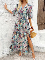 Slit Printed Surplice Half Sleeve Maxi Dress