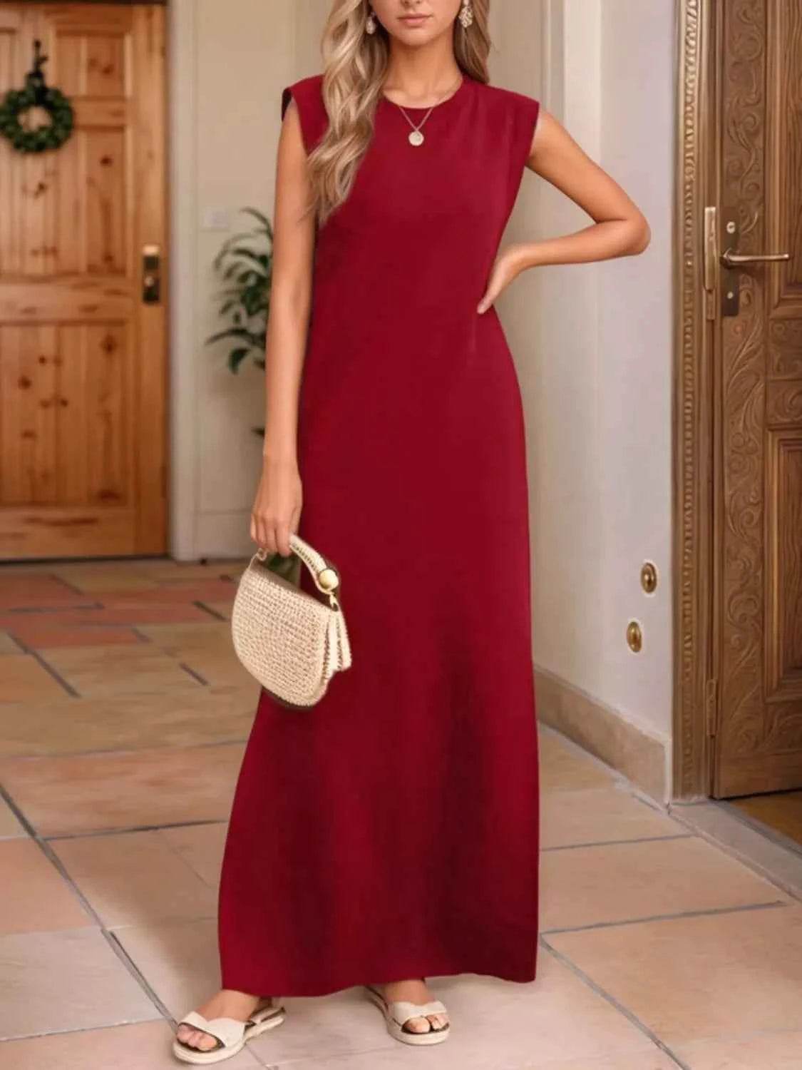 Full Size Slit Round Neck Sleeveless Maxi Tank Dress Plus Size Burgundy for a perfect OOTD – dress to impress outfits from Amexza
