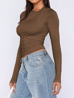 Ruched Asymmetrical Neck Long Sleeve T-Shirt - Amexza