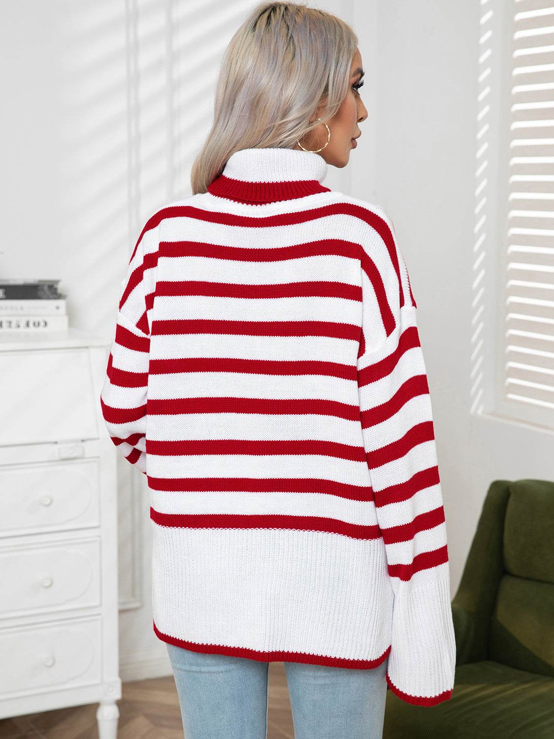 Striped Slit Turtleneck Drop Shoulder Sweater for a perfect OOTD – dress to impress outfits from Amexza