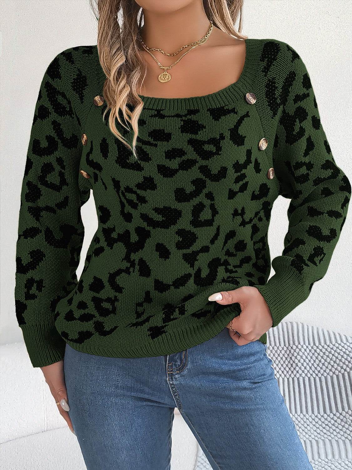 Leopard Buttoned Square Neck Sweater Army Green for a perfect OOTD – dress to impress outfits from Amexza