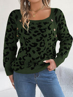 Leopard Buttoned Square Neck Sweater Army Green for a perfect OOTD – dress to impress outfits from Amexza