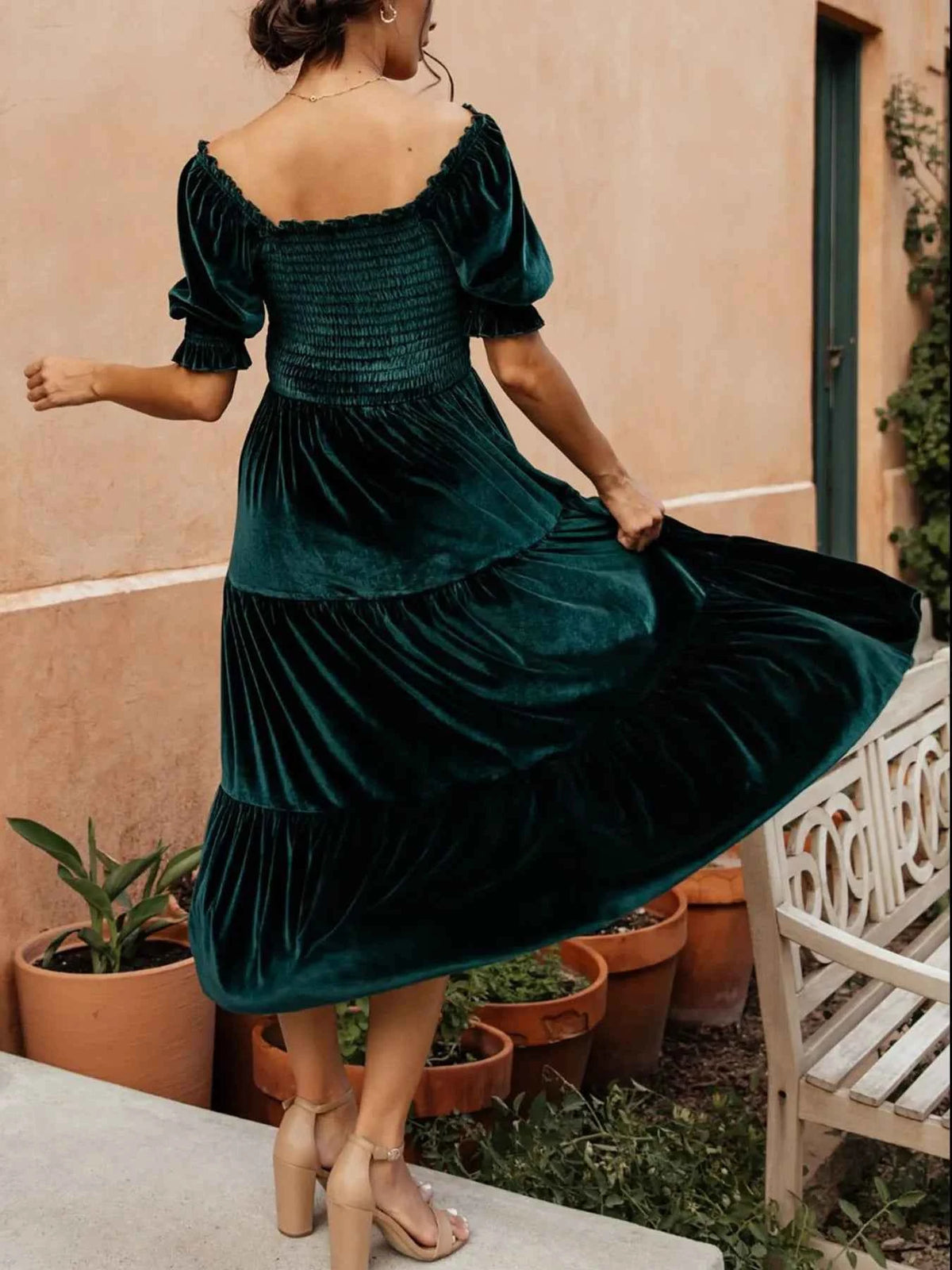 Smocked Half Sleeve Tiered Midi Dress