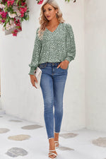 Printed V-Neck Smocked Lantern Sleeve Blouse - Amexza