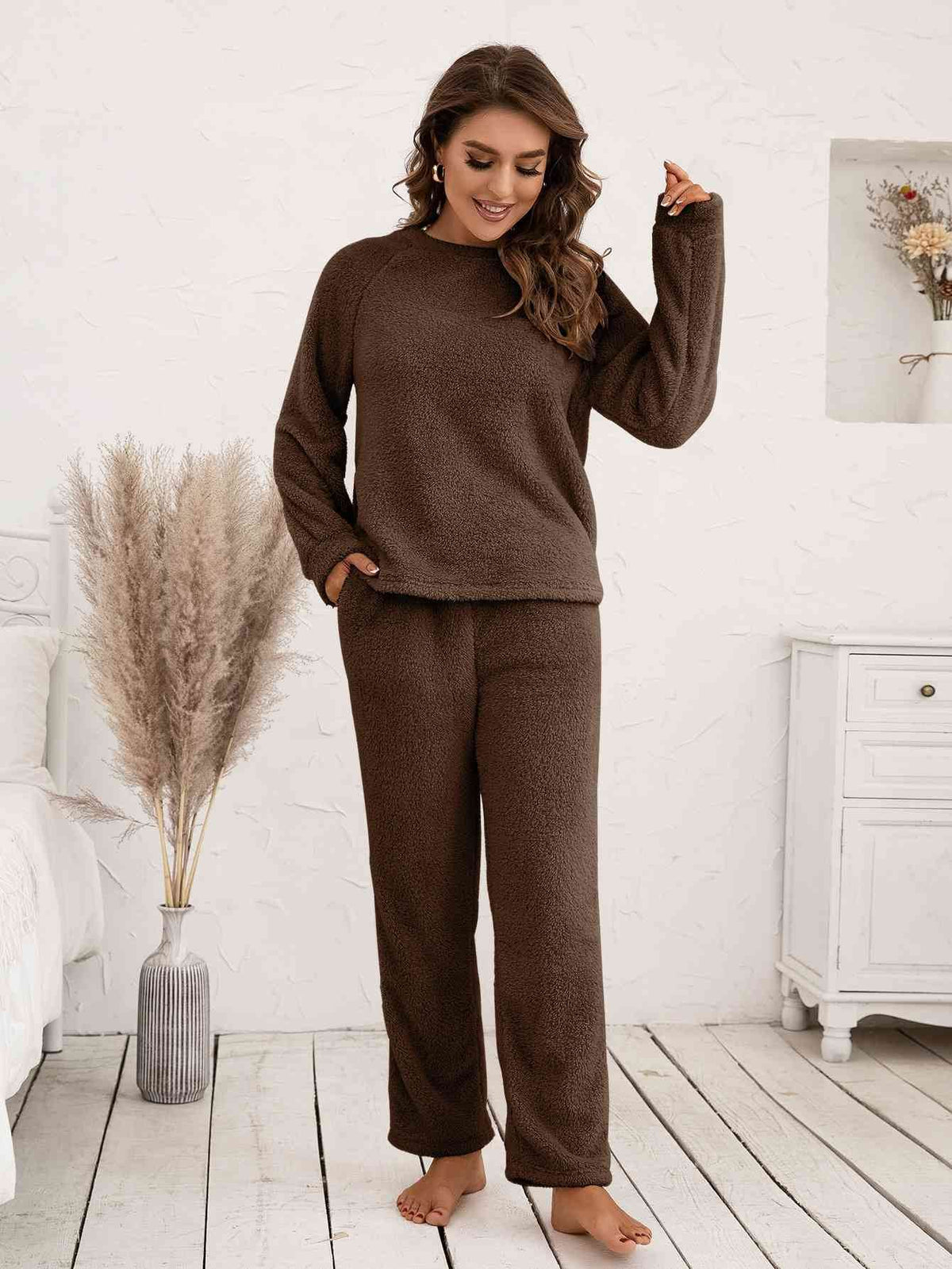 Ivy Lane Teddy Long Sleeve Top and Pants Lounge Set Chocolate for a perfect OOTD – dress to impress outfits from Amexza