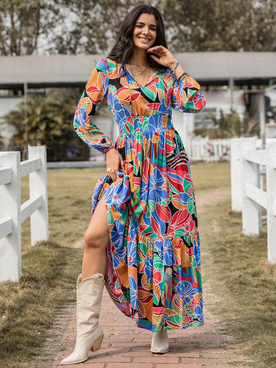 Printed Smocked Tie Neck Balloon Sleeve Maxi Dress - Amexza
