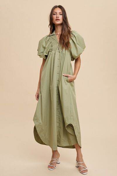 Annie Wear Smocked Puff Sleeve Midi Dress Desert Sage for a perfect OOTD – dress to impress outfits from Amexza