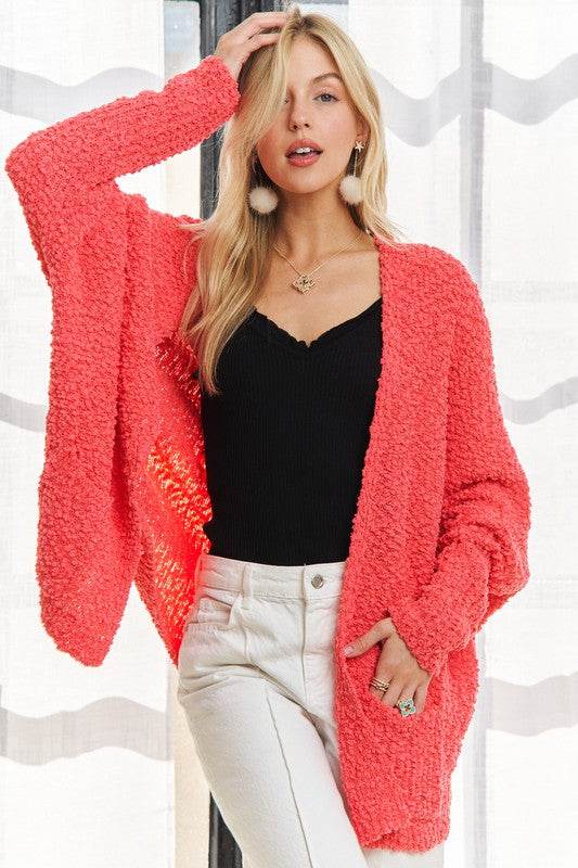 ADORA Popcorn Knit Open Front Long Sleeve Cardigan - Amexza
