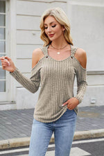Ribbed Cold Shoulder Long Sleeve Top - Amexza
